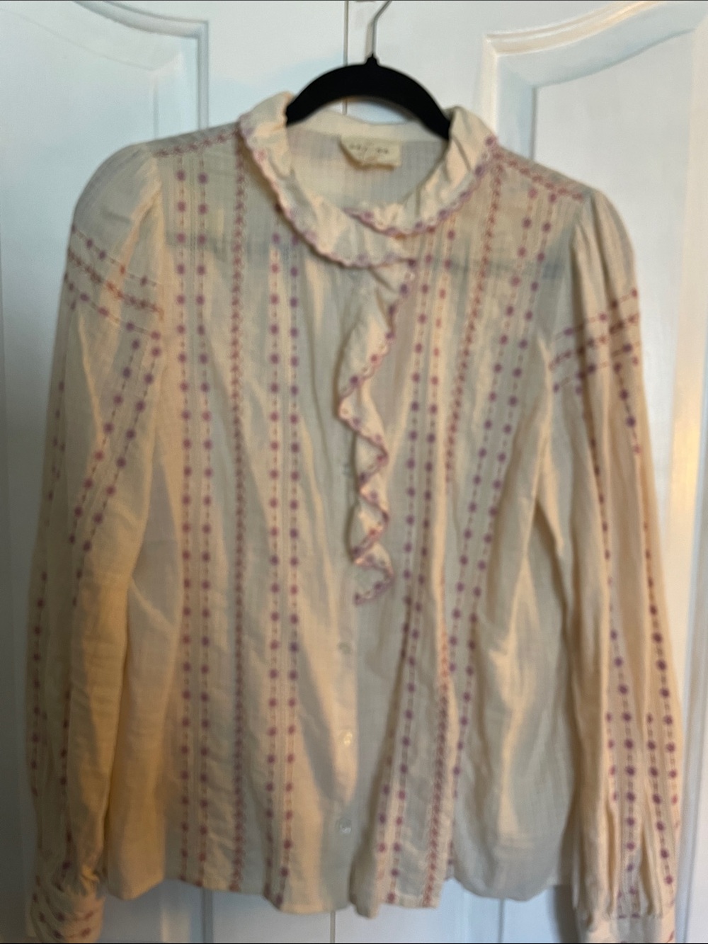 Sezane Cream Blouse with Pink Stripe Detail